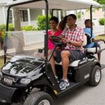 Family riding golf cart in neighborhood.