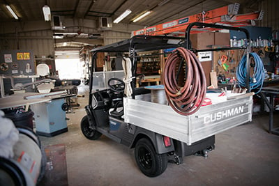 Cushman cart in garage with ladder.