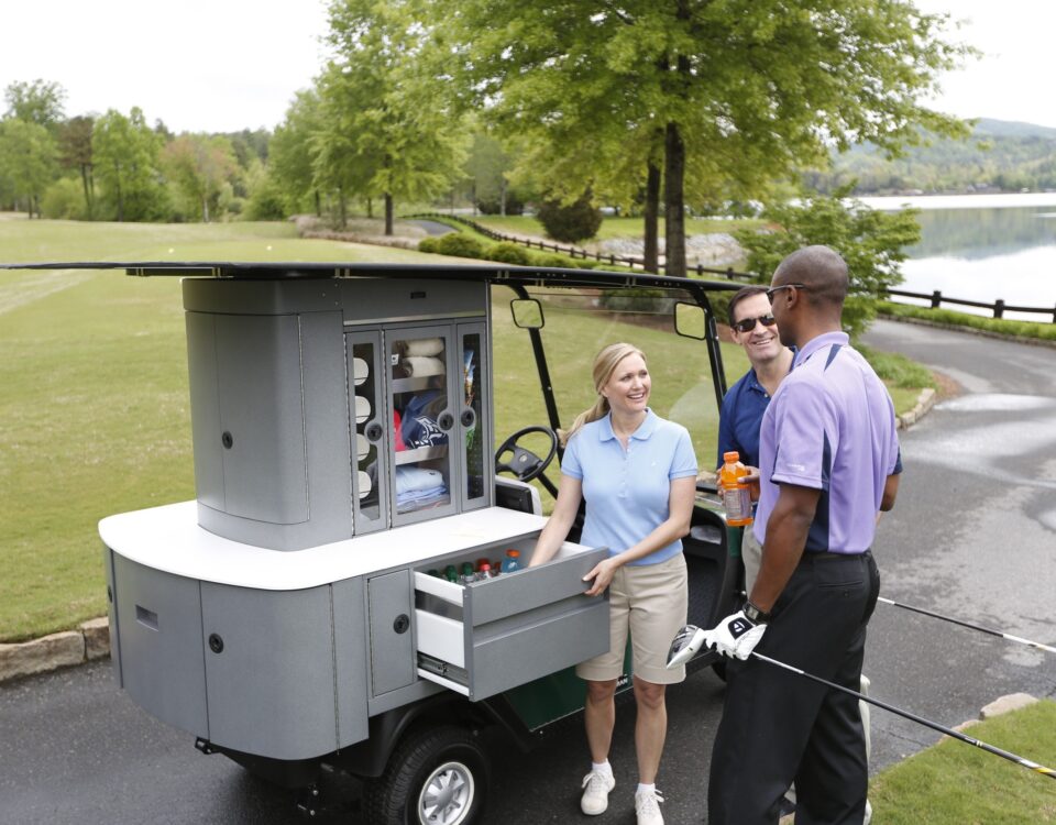 Refresher cart on golf course.