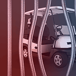 Golf cart behind bars. Image has a red and blue overlay.