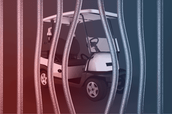 Golf cart behind bars. Image has a red and blue overlay.