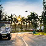 Golf carts in the garden a beautiful on sunset
