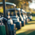 Electric golf cart charging at eco-friendly golf course setting.